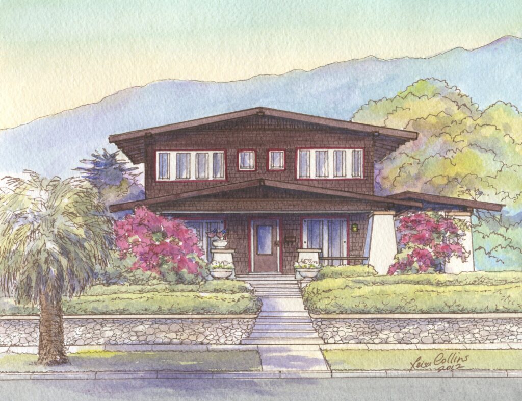 Classic Craftsman home portrait with San Grabriel Mountains as the backdrop