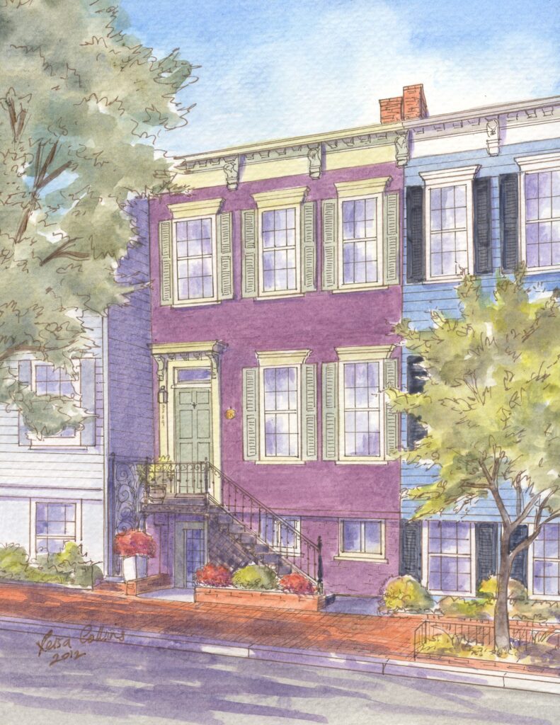 Hand-painted watercolor house portrait of Federal style in Georgetown, DC