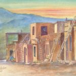 Watercolor painting of historic acoma pueblo in New Mexico by Leisa Collins