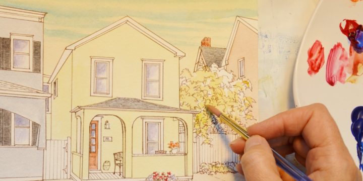 What are the stages in creating a Pen & Watercolor House Portrait?