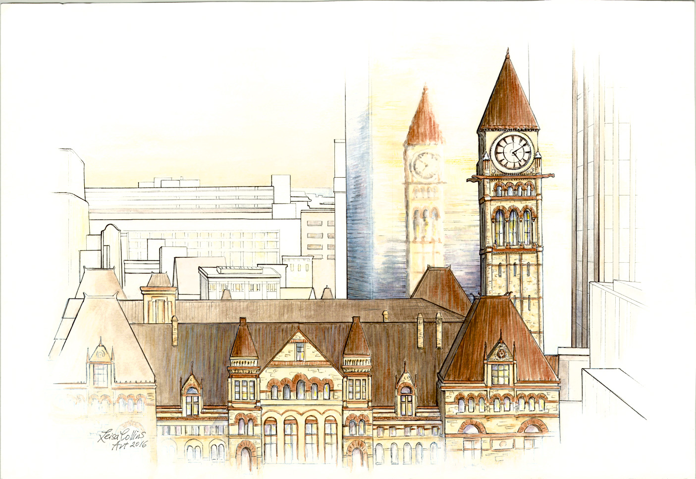 OPTArchitectural-Fusion---Old-City-Hall-Toronto-----Pen-&-Watercolor-13-x-19-inches-on-paper