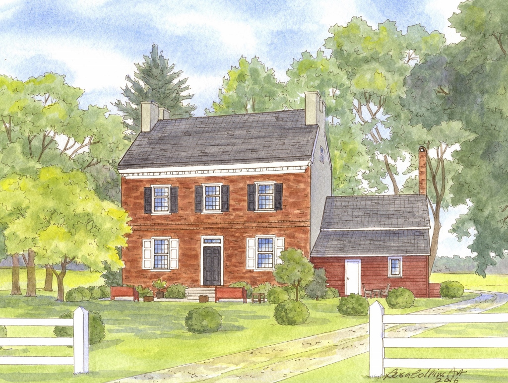 Pen and Watercolor painting of historic home in Kent County, Delaware