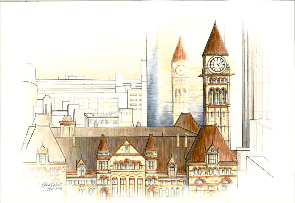 OPTArchitectural-Fusion-Old-City-Hall-Toronto-Pen-Watercolor-13-x-19-inches-on-paper-1