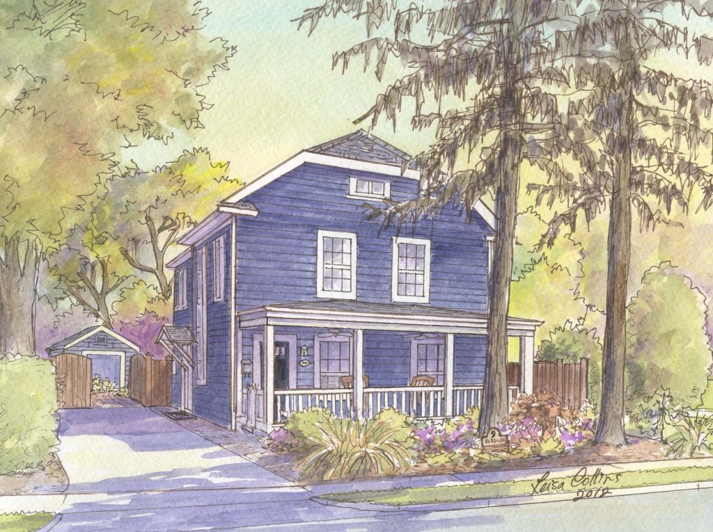 Cheerful blue Craftsman Foursquare sits on Del Ray Avenue