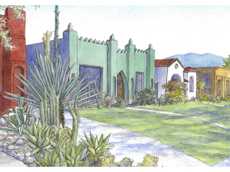 Pen and watercolr painting of Fanasty Bungalows in Atwater Village neighborhood