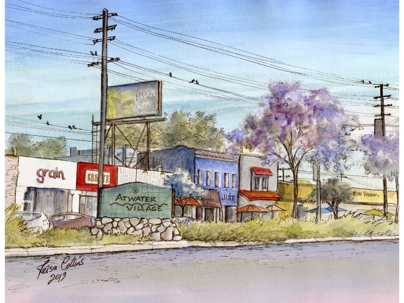 Pen and watercolor painting of the main street of Atwater Village, Los Angeles