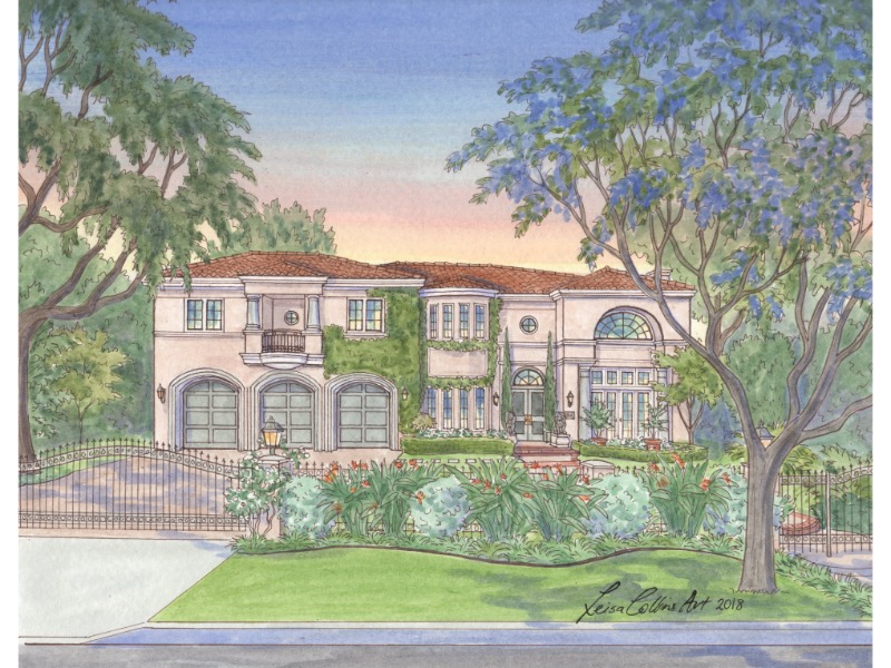 Watercolor painting of Mediterranean style home in Los Angeles 