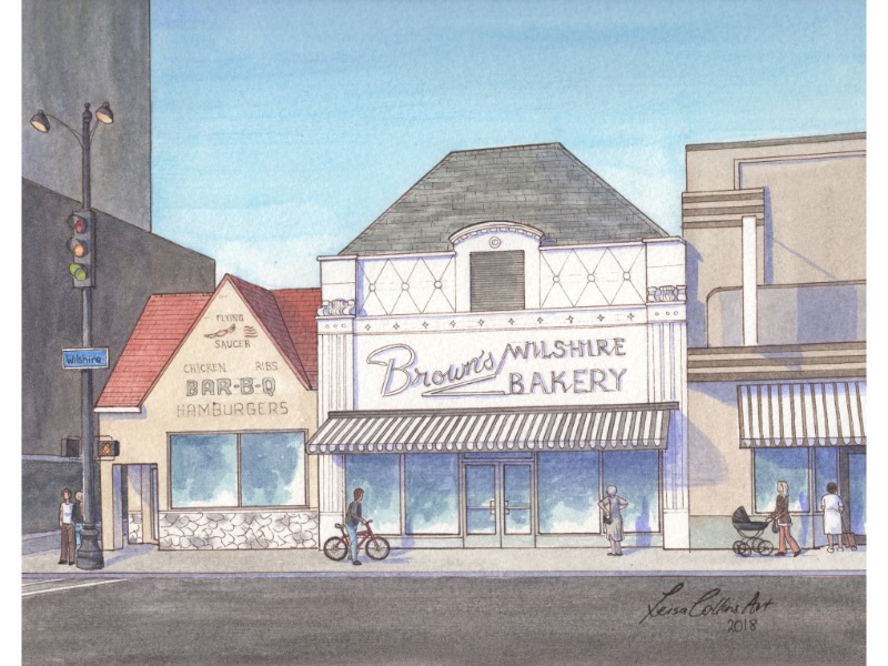 Watercolor urban scene painted from a vintage photo of Wilshire Boulevard in Los Angeles.
