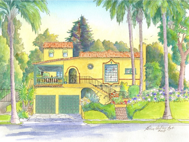 House portrait of a Spanish Colonial Revival home in the Toluca Lake neighborhood.