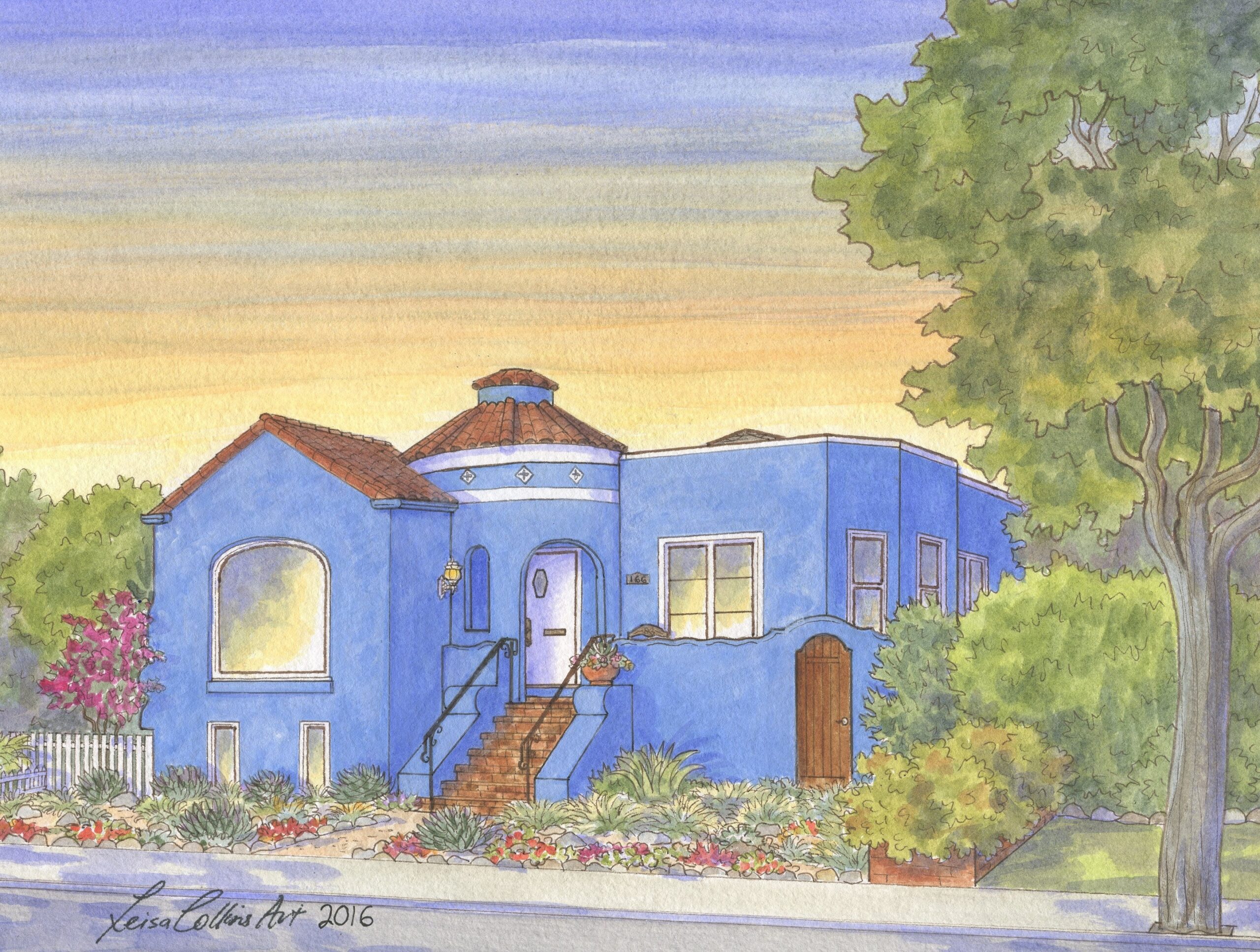 House portrait painting of an Art Deco home in San Francisco
