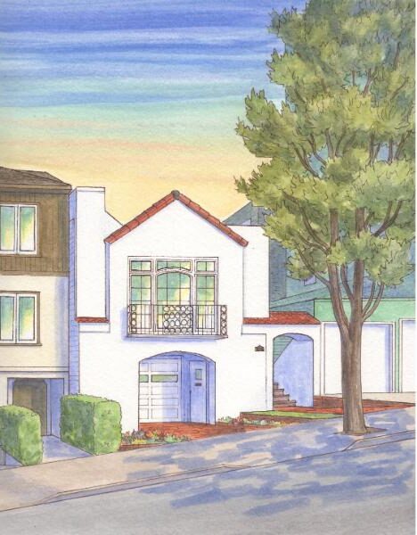  House portrait painting of a Mission Revival home in San Francisco
