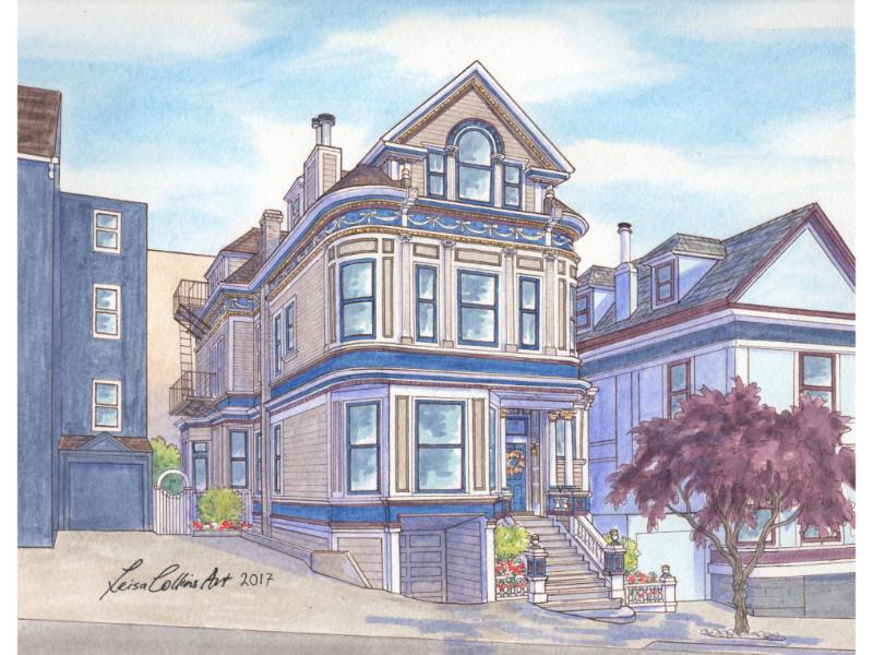   Hand painted watercolor house portrait of a Queen Anne home