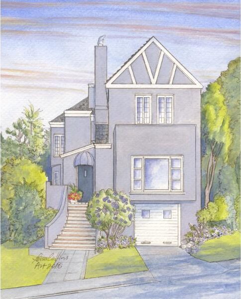   Pen and watercolor house portrait of a Tudor home