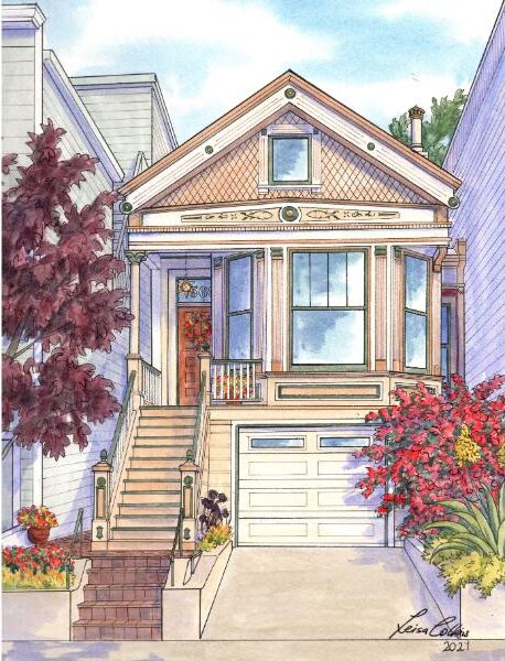 A custom home painting of a Victorian cottage in San Francisco