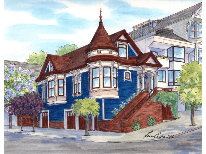   House portrait original of a Queen Anne home by Leisa Collins
