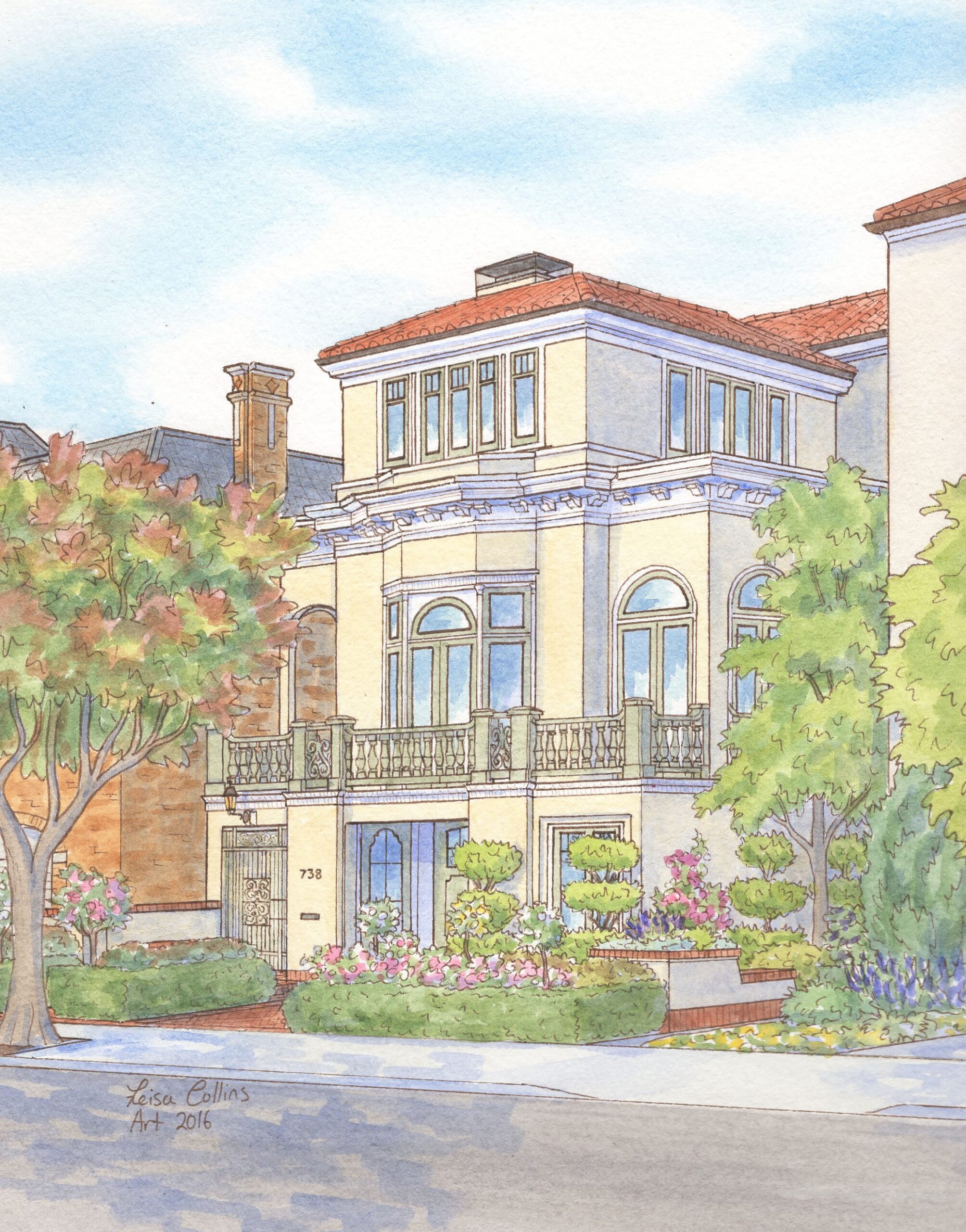 Pen and watercolor house portrait of a Beaux-Arts home in San Francisco