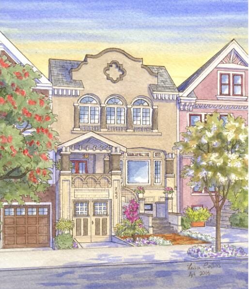   Pen and watercolor house portrait of a Rosseau "Storybook" home in San Francisco