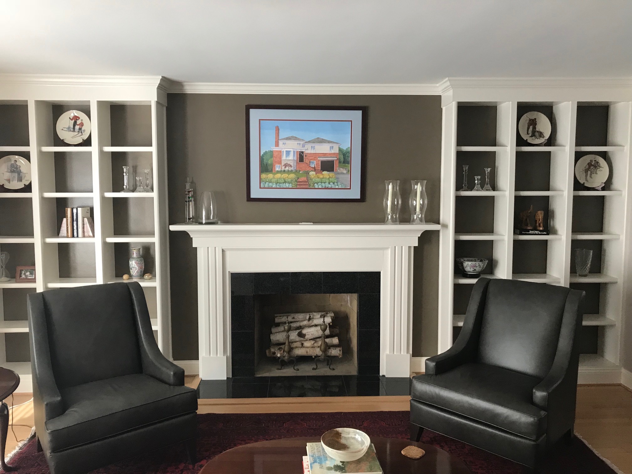 My larger size custom house portrait sits above this fire place in a beautiful Mid-Century Modern home in Arlington VA