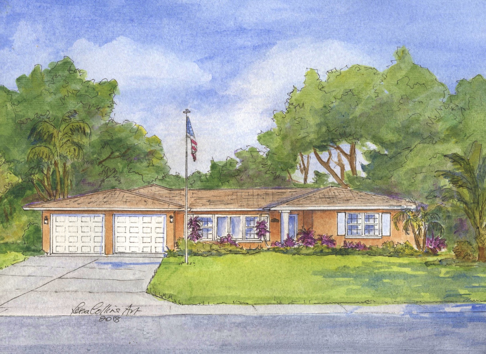 Ranch homes, as depicted in this Dunedian house portrait are a architectural staple in both Dunedin and Tampa Bay. This home. is on Greenway Ave, Dunedin. 