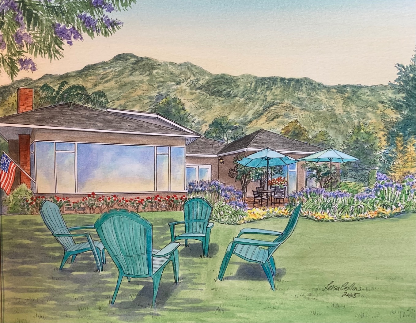 Bringing back to life the memories of this vibrant Altadena home in a pen and watercolor house portrait.