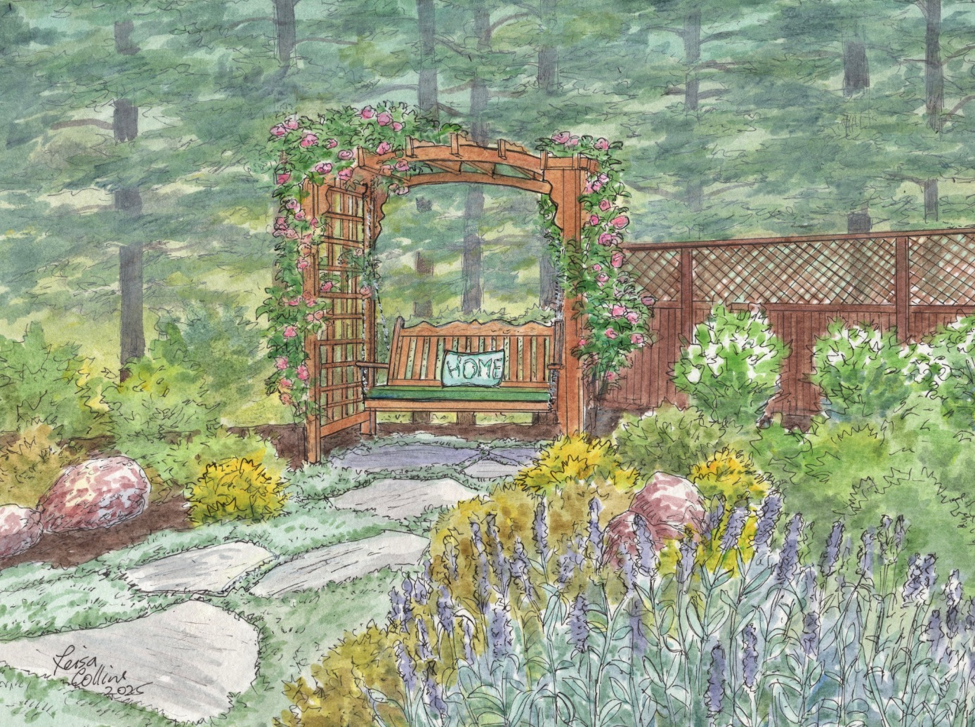 This swinging chair and garden scantuary is a my client's place of solace