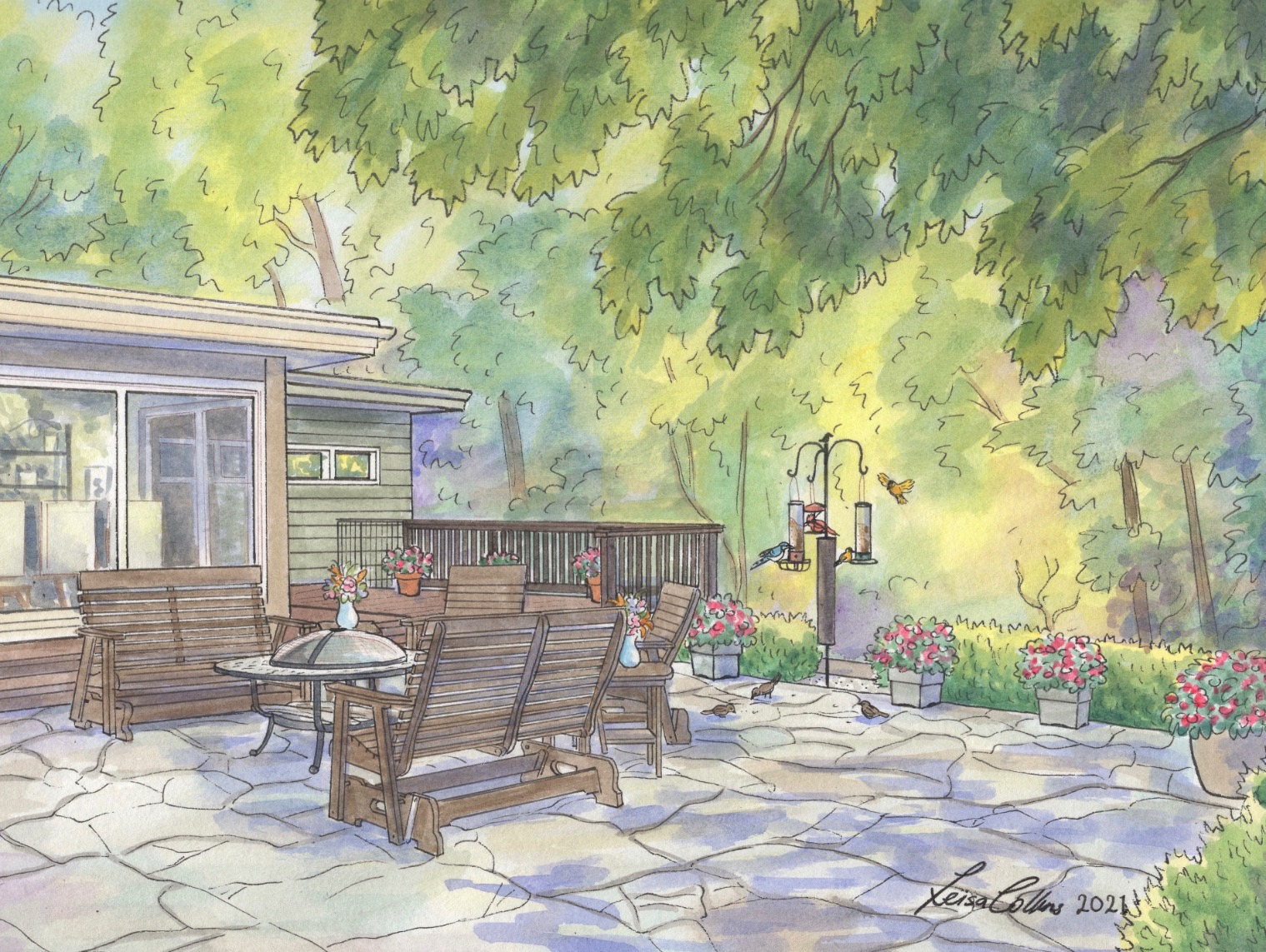 Watching the bluejays, cardinals, yellow finches and other wild brids flock to this patio, always brings peace to my client.