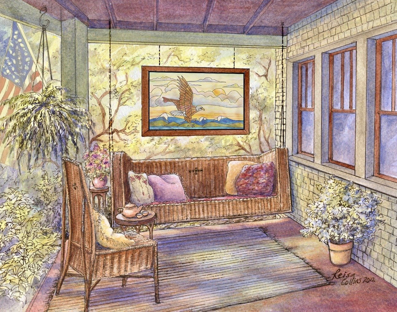 Pen and watercolor portrait of Craftsman porch with wicker furniture.