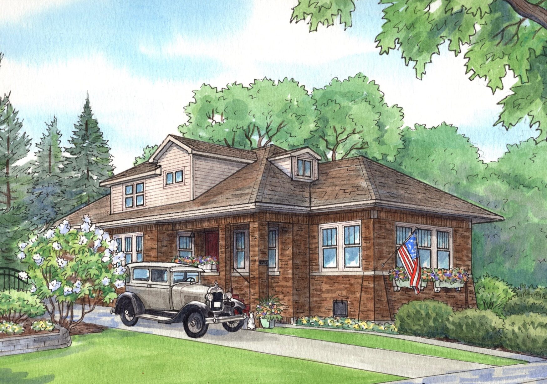 Des Plaines, IL, Craftsman house portrait of family home with family vintage car