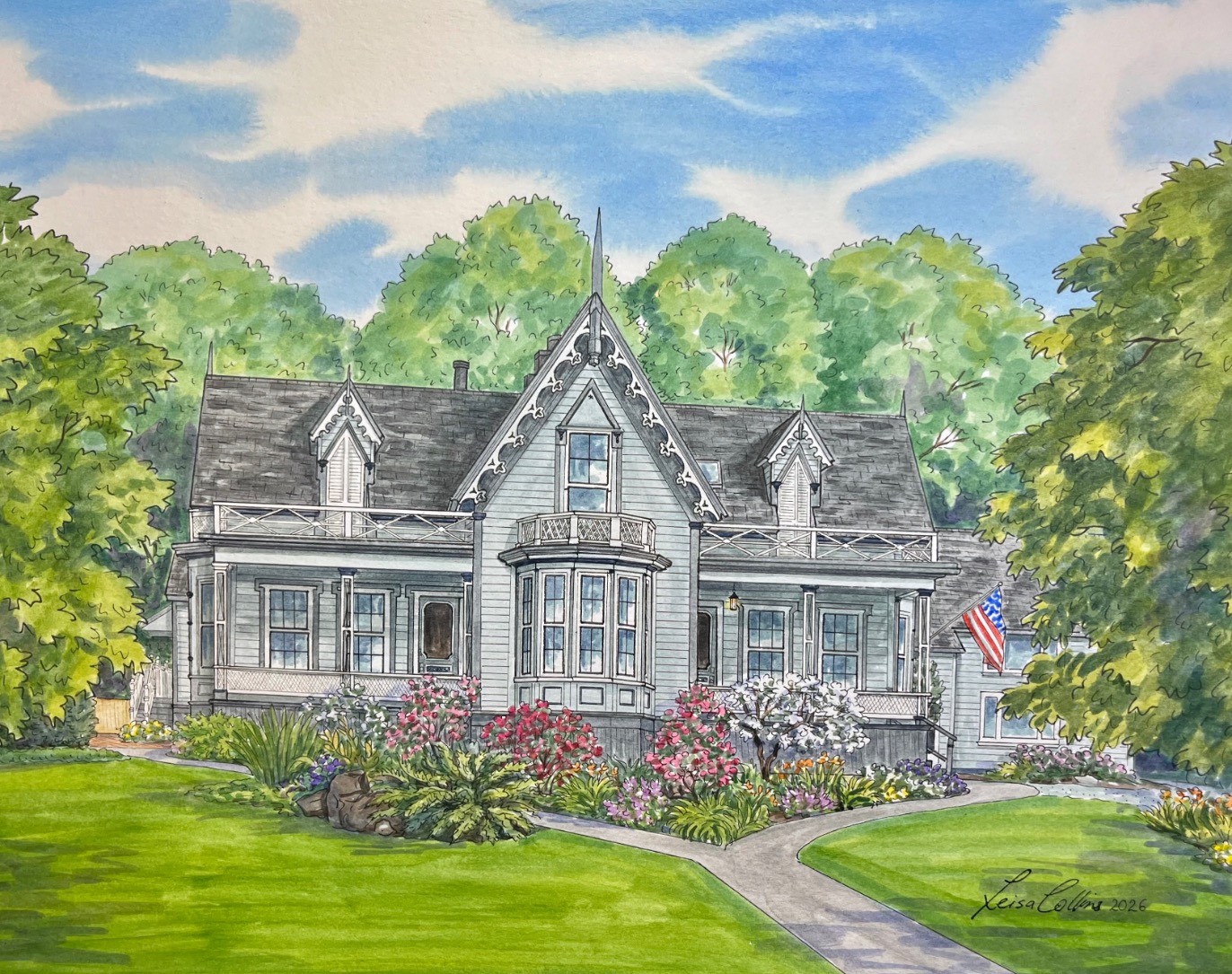 Pen and watercolor painting of Shaw House Inn, Ferndale CA