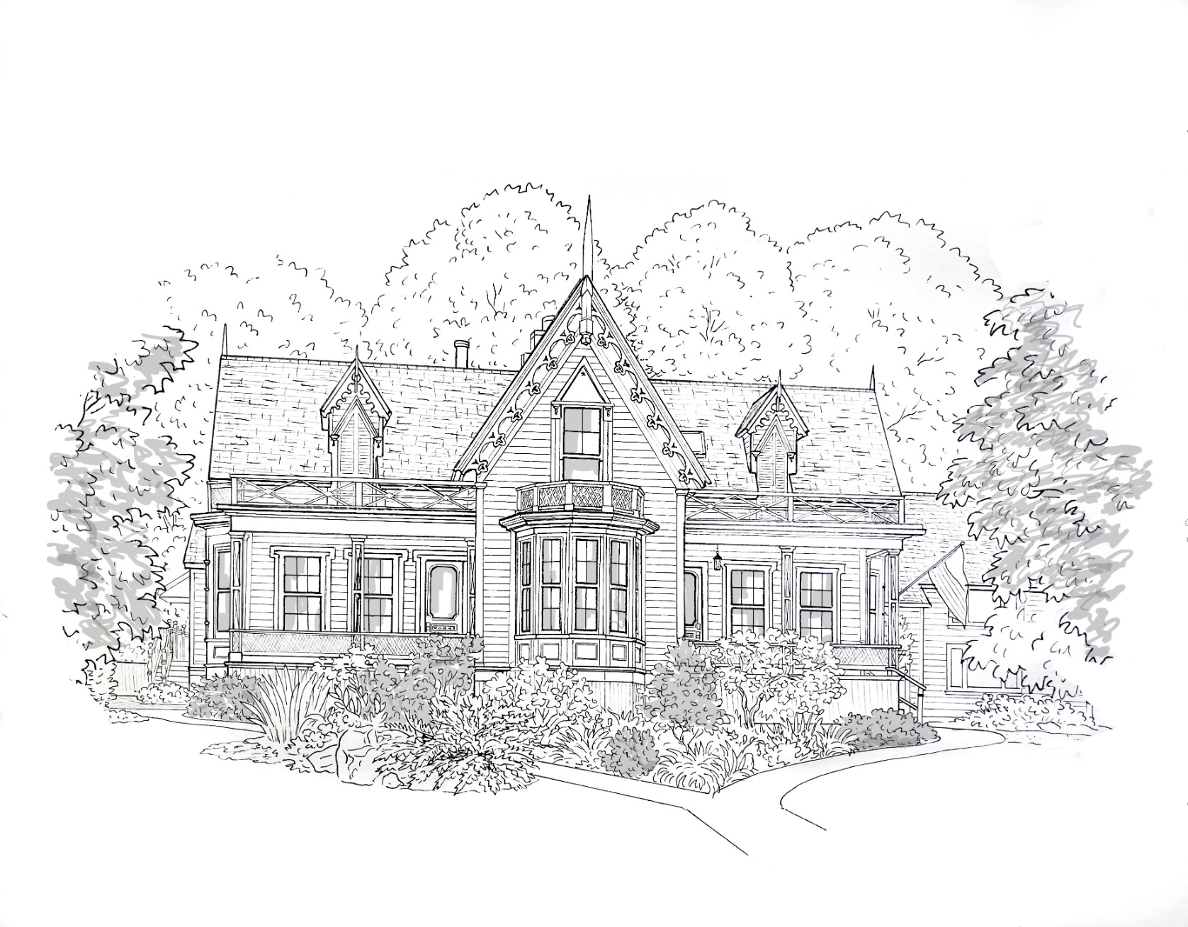 Original pen drawing of Shaw House Inn, in Ferndale CA