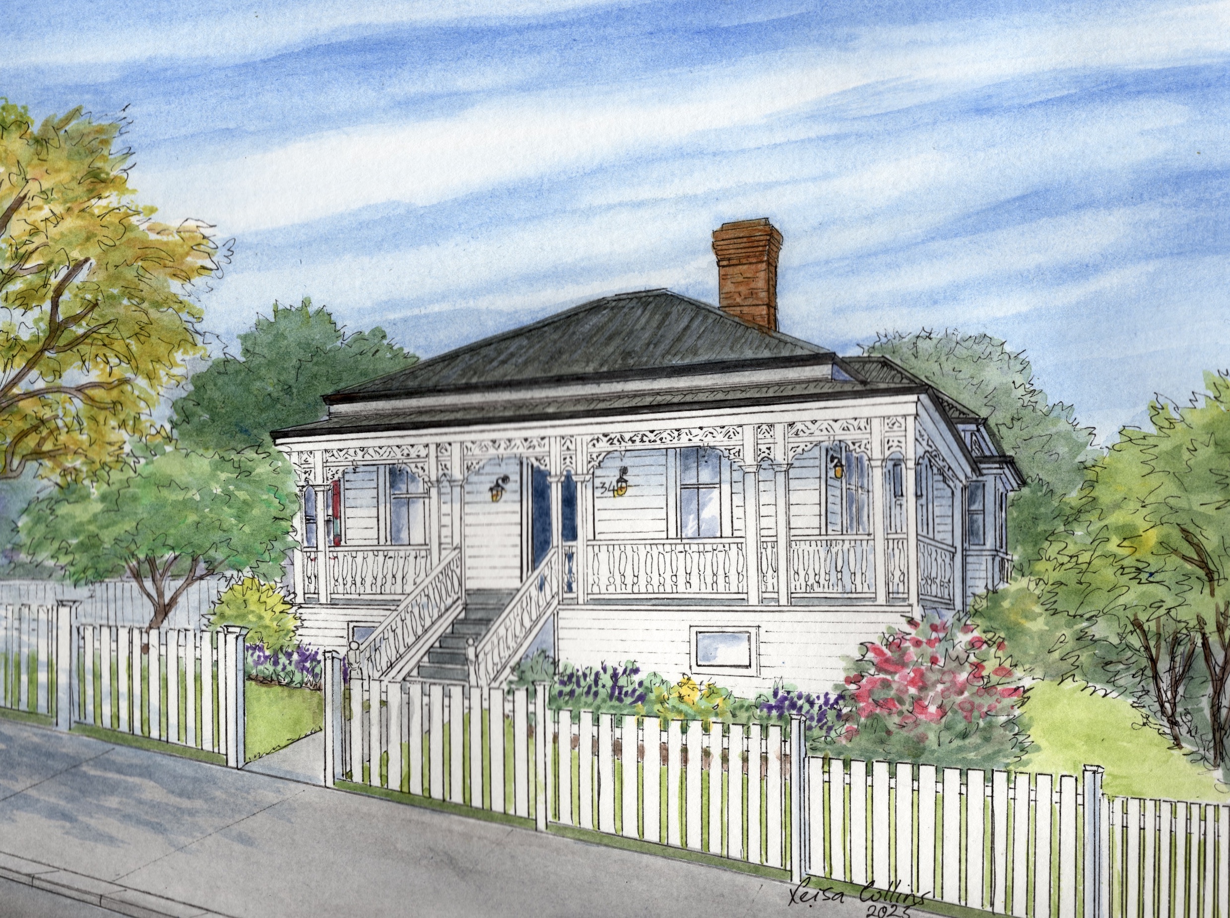 House portrait of my first art studio in Auckland NZ, which had a beautiful view of the Auckland harbor 