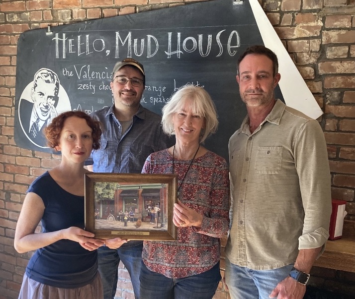 At the historic award presentation, those present were (from left) Keith Sauchegraw, the owner of The Mud House building, Robyn Niesman, the day-to-day manager, and Chris Sadiak, the owner of The Mud House.